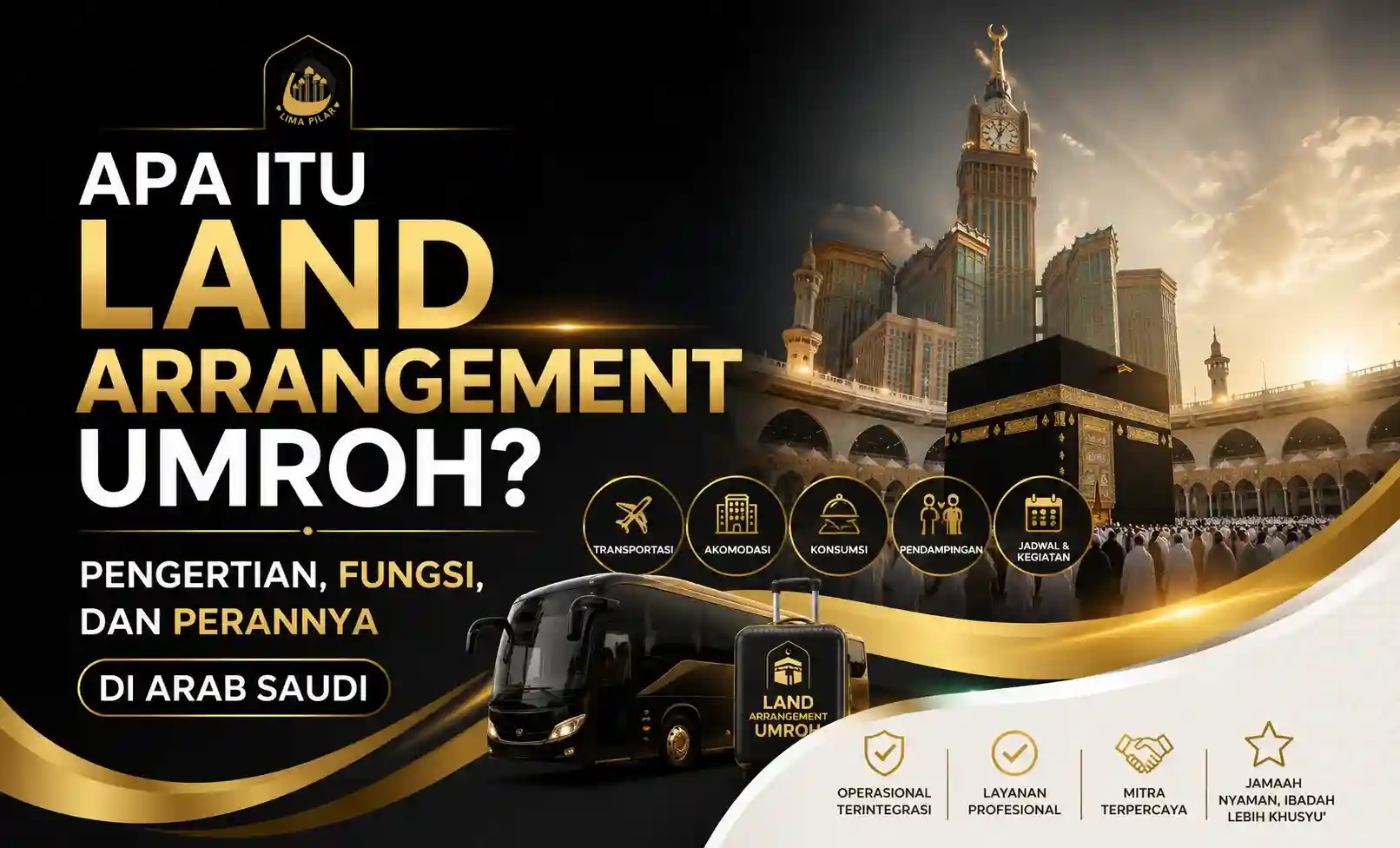 Ilustrasi sistem land arrangement umroh di Arab Saudi meliputi transportasi, hotel, dan operasional jamaah